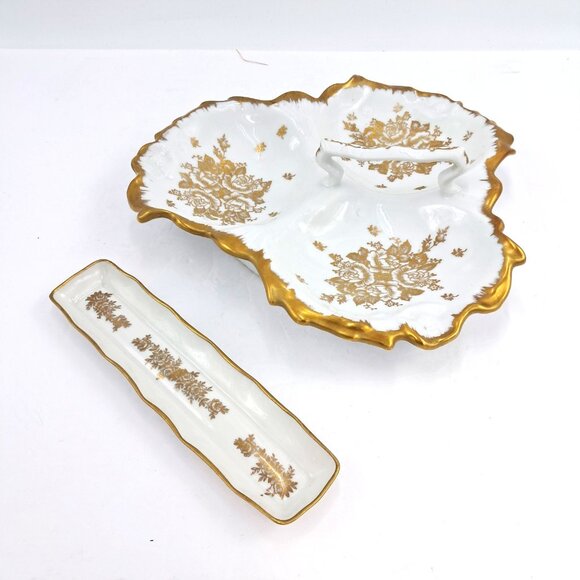 Limoges France Hand Painted Candy or Nut Serving Dish With 2 Mint Trays Vintage - Picture 10 of 16
